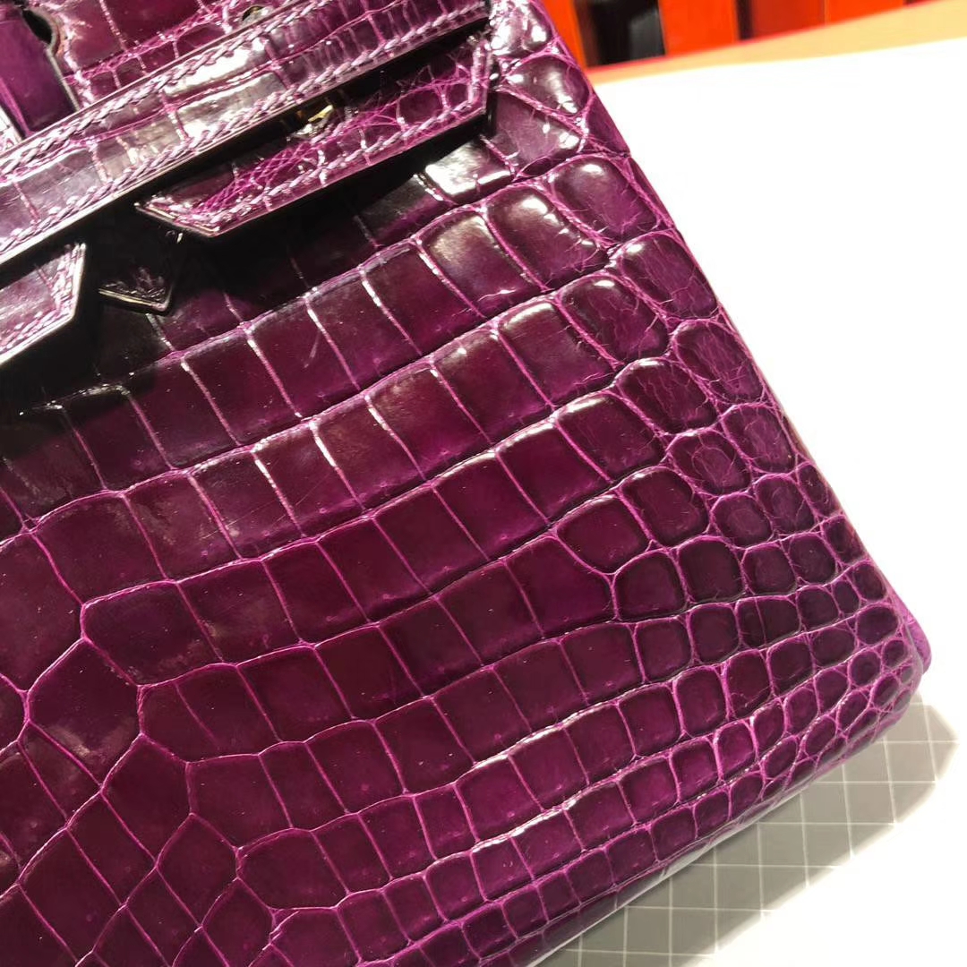 爱马仕铂金包尺寸 Hermes Birkin25CM 葡萄紫法国亮面鳄鱼皮 金扣