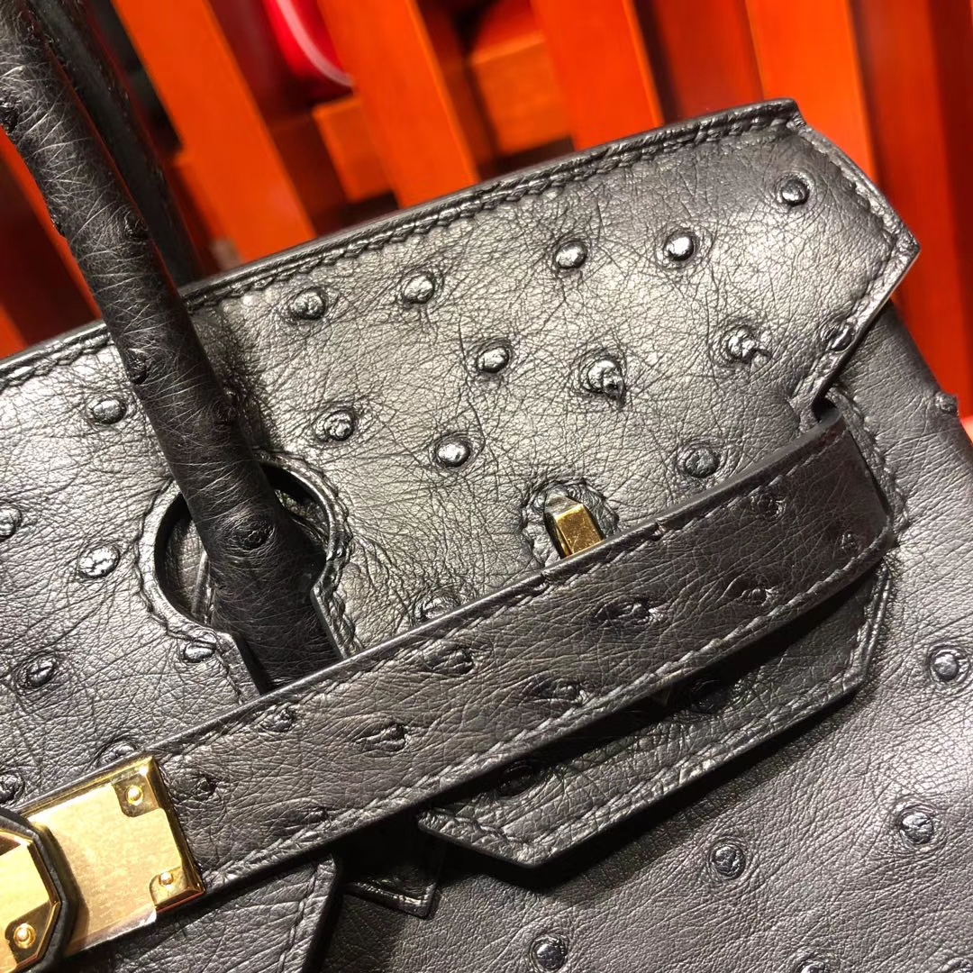 Hermes包包定做 爱马仕铂金包 89黑色顶级KK鸵鸟皮Birkin女包25CM 金扣