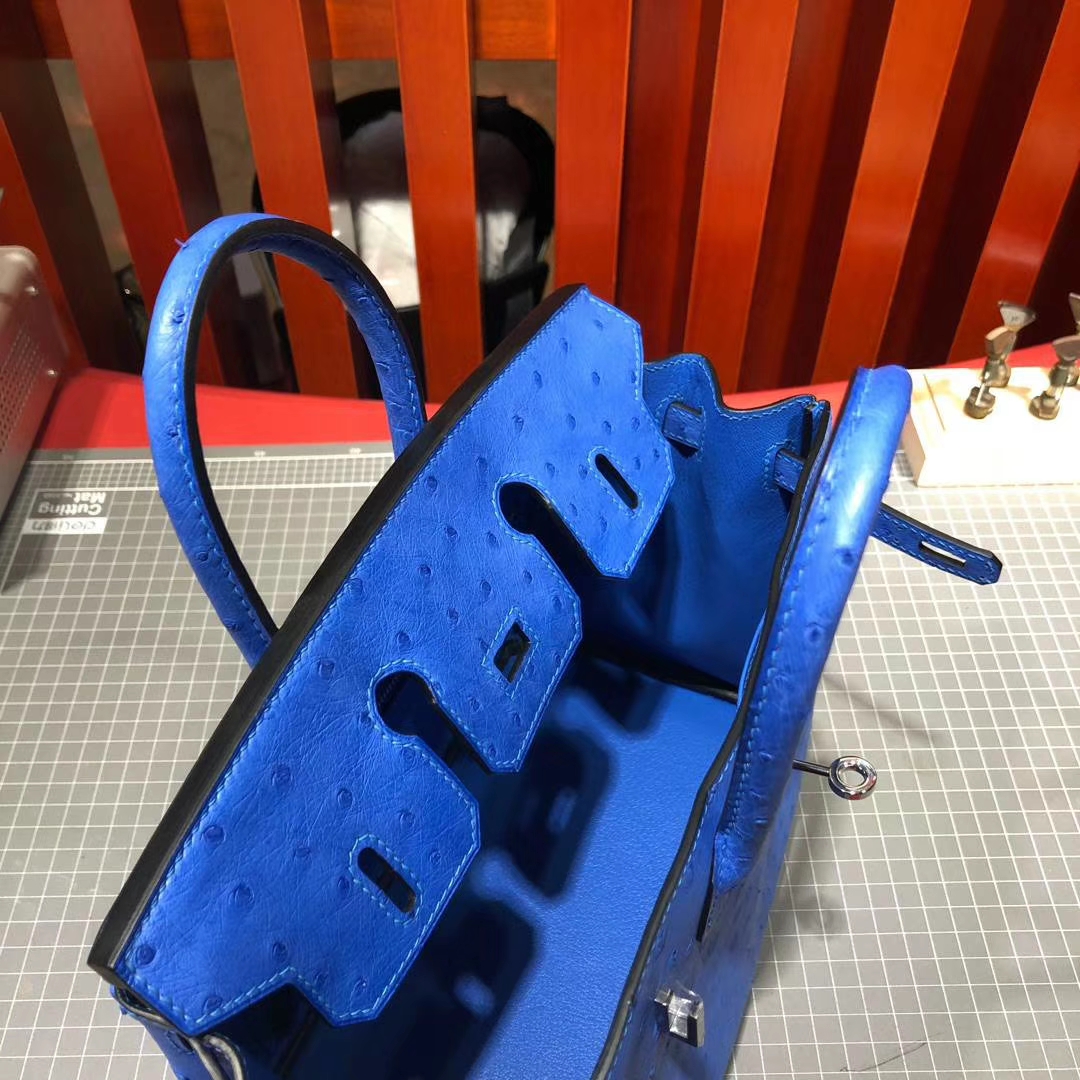 爱马仕Birkin女包 Hermes Birkin25CM 水妖蓝顶级南非鸵鸟皮铂金包 银扣