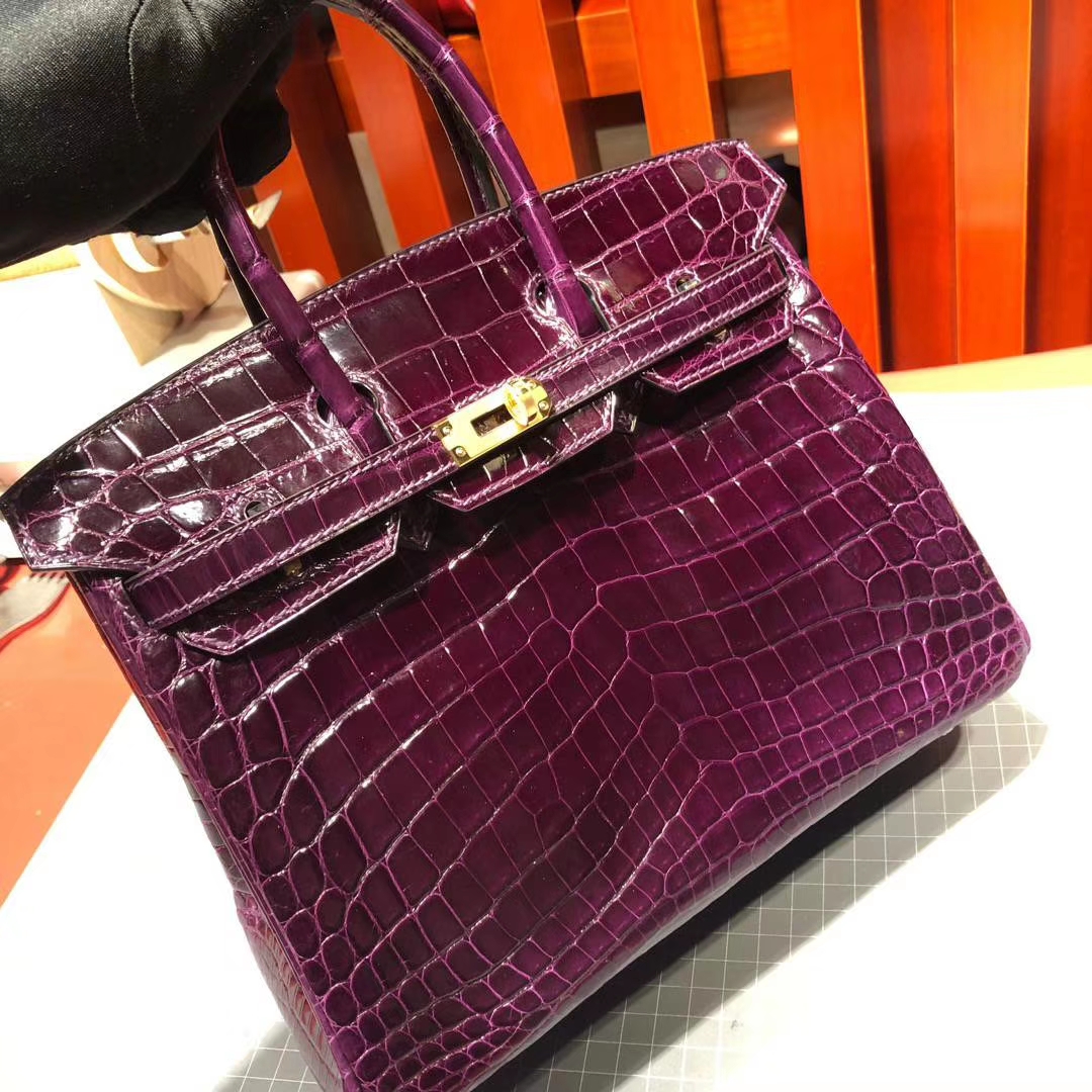 爱马仕铂金包尺寸 Hermes Birkin25CM 葡萄紫法国亮面鳄鱼皮 金扣