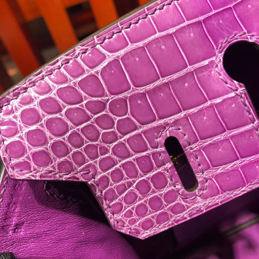 Hermes包包官网 爱马仕水晶紫Hcp亮面尼罗鳄鱼皮铂金包Birkin25CM 金扣