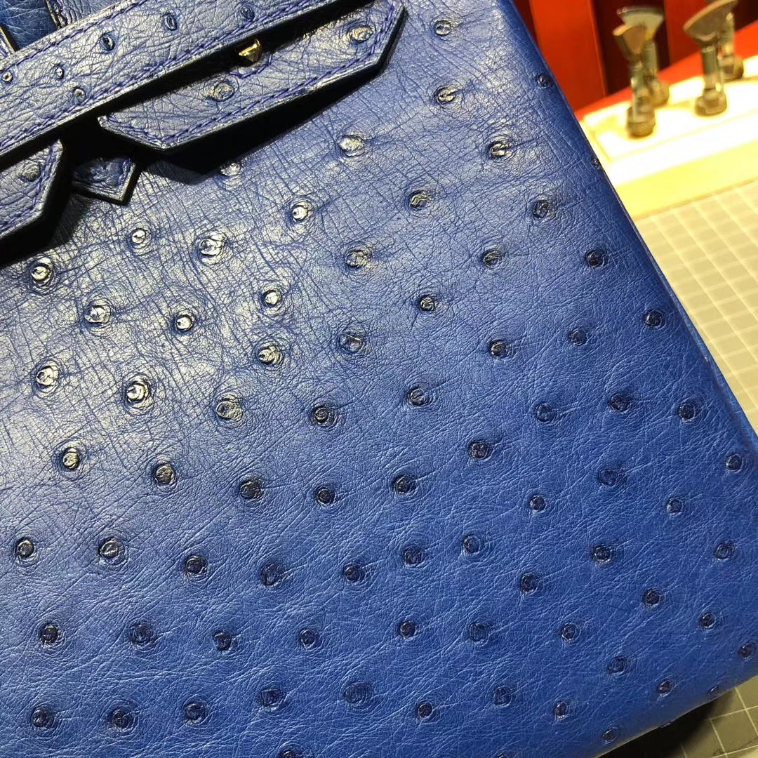 广州白云皮具城 Hermes Birkin30CM 7T电光蓝顶级KK鸵鸟皮铂金包 金扣