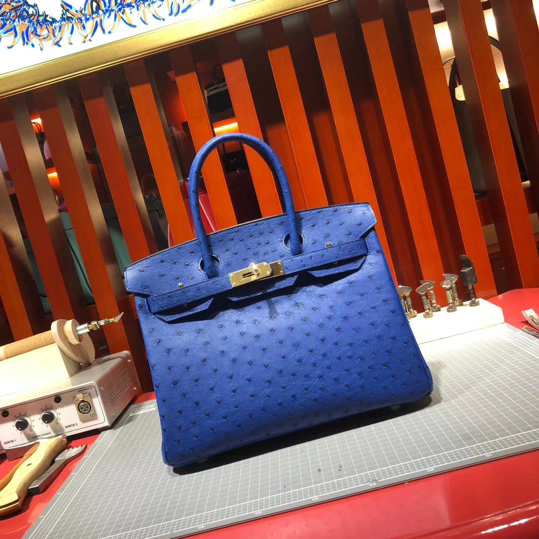 广州白云皮具城 Hermes Birkin30CM 7T电光蓝顶级KK鸵鸟皮铂金包 金扣