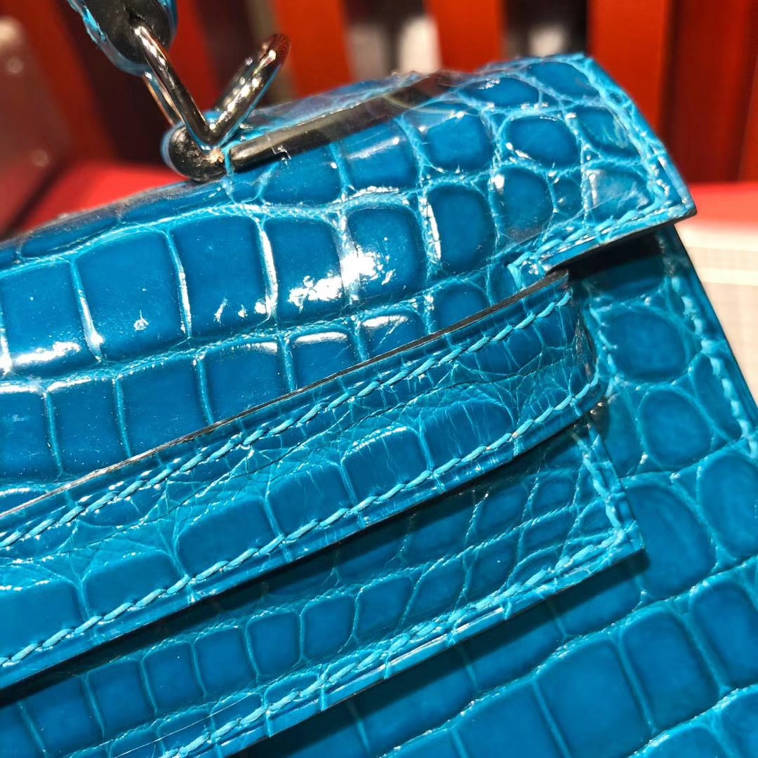 Hermes Kelly25CM 爱马仕水妖蓝法国顶级尼罗鳄鱼皮凯莉包 银扣