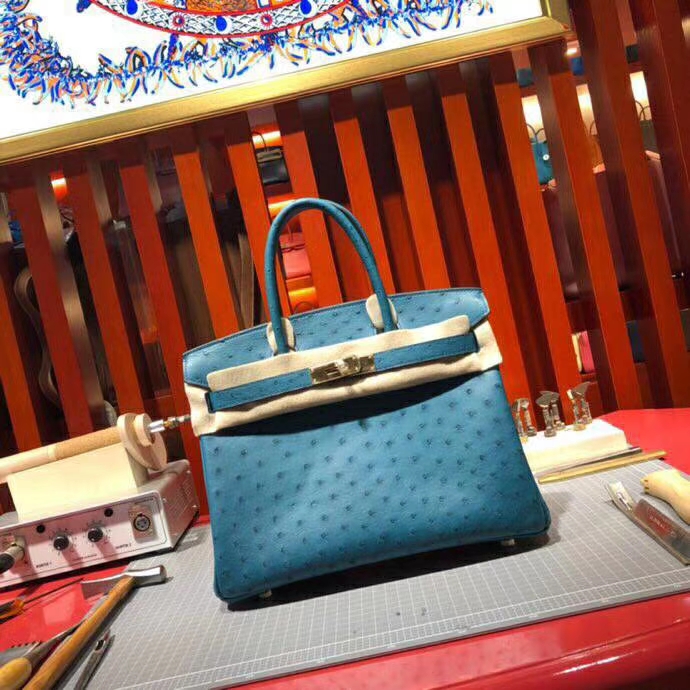 爱马仕Birkin女包 Hermes南非KK鸵鸟皮铂金包Birkin30CM S7加利西亚蓝 金扣