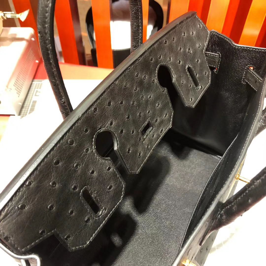 Hermes包包定做 爱马仕铂金包 89黑色顶级KK鸵鸟皮Birkin女包25CM 金扣