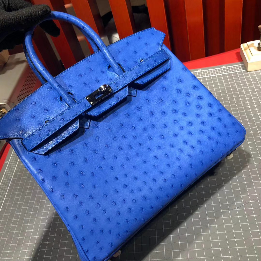 爱马仕Birkin女包 Hermes Birkin25CM 水妖蓝顶级南非鸵鸟皮铂金包 银扣
