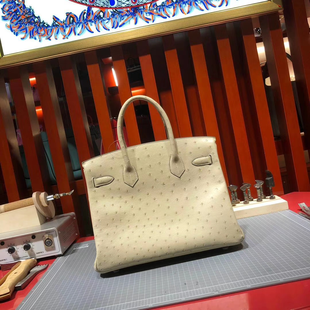 Hermes Birkin30CM 爱马仕3C羊毛白南非KK鸵鸟皮铂金包 银扣