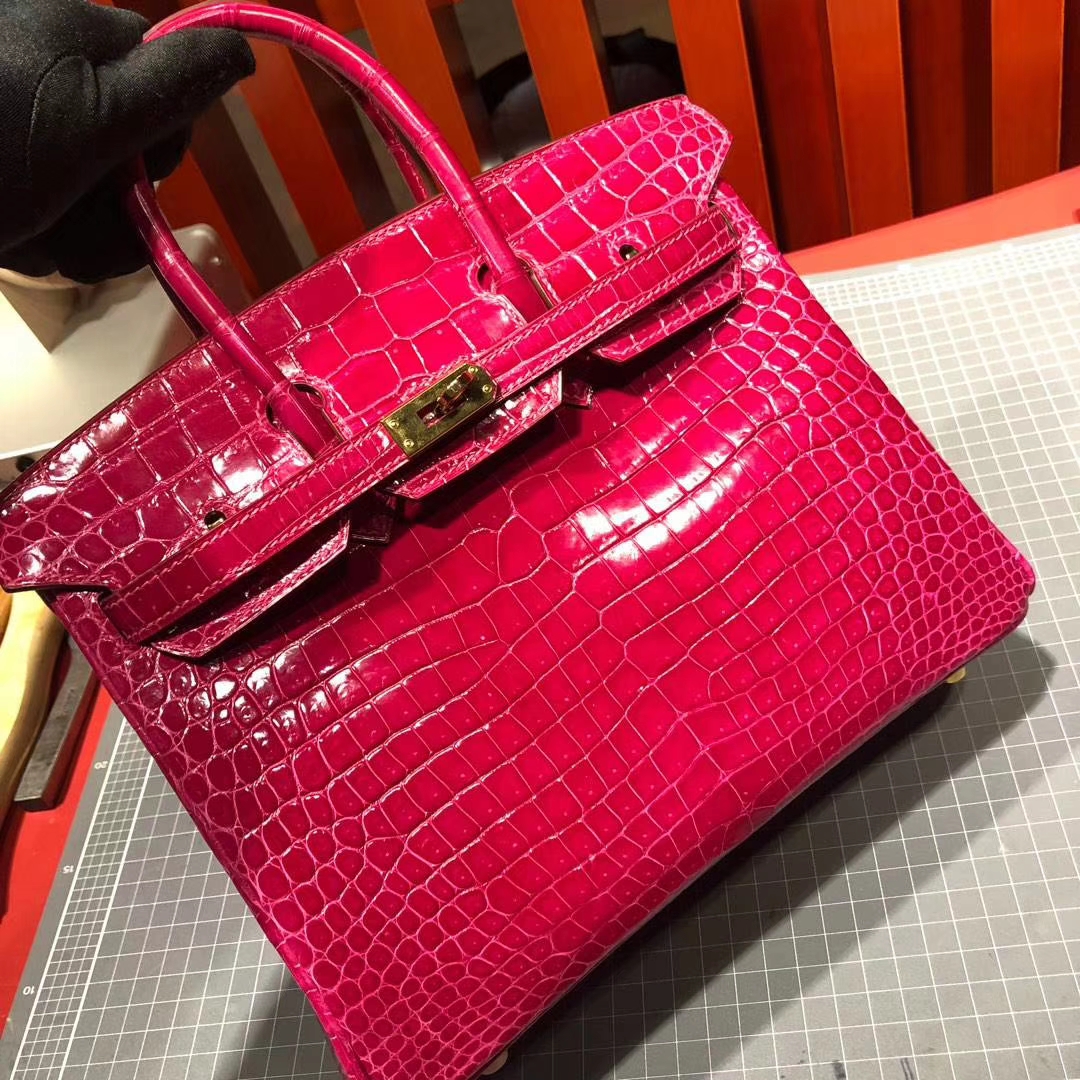 爱马仕鳄鱼皮女包 Hermes Birkin25CM 桃红紫亮面鳄鱼皮铂金包 金扣