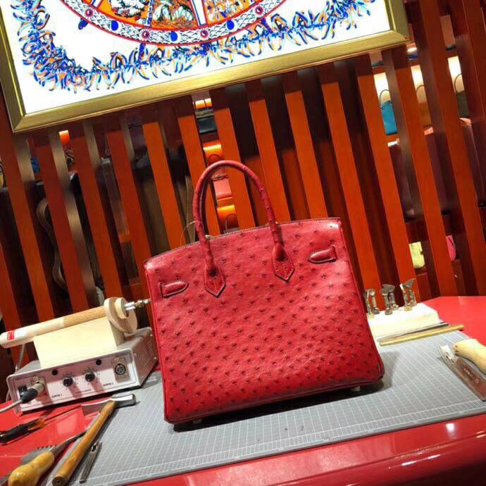爱马仕Birkin女包 Hermes顶级KK鸵鸟皮铂金包Birkin30CM Q5中国红 金扣