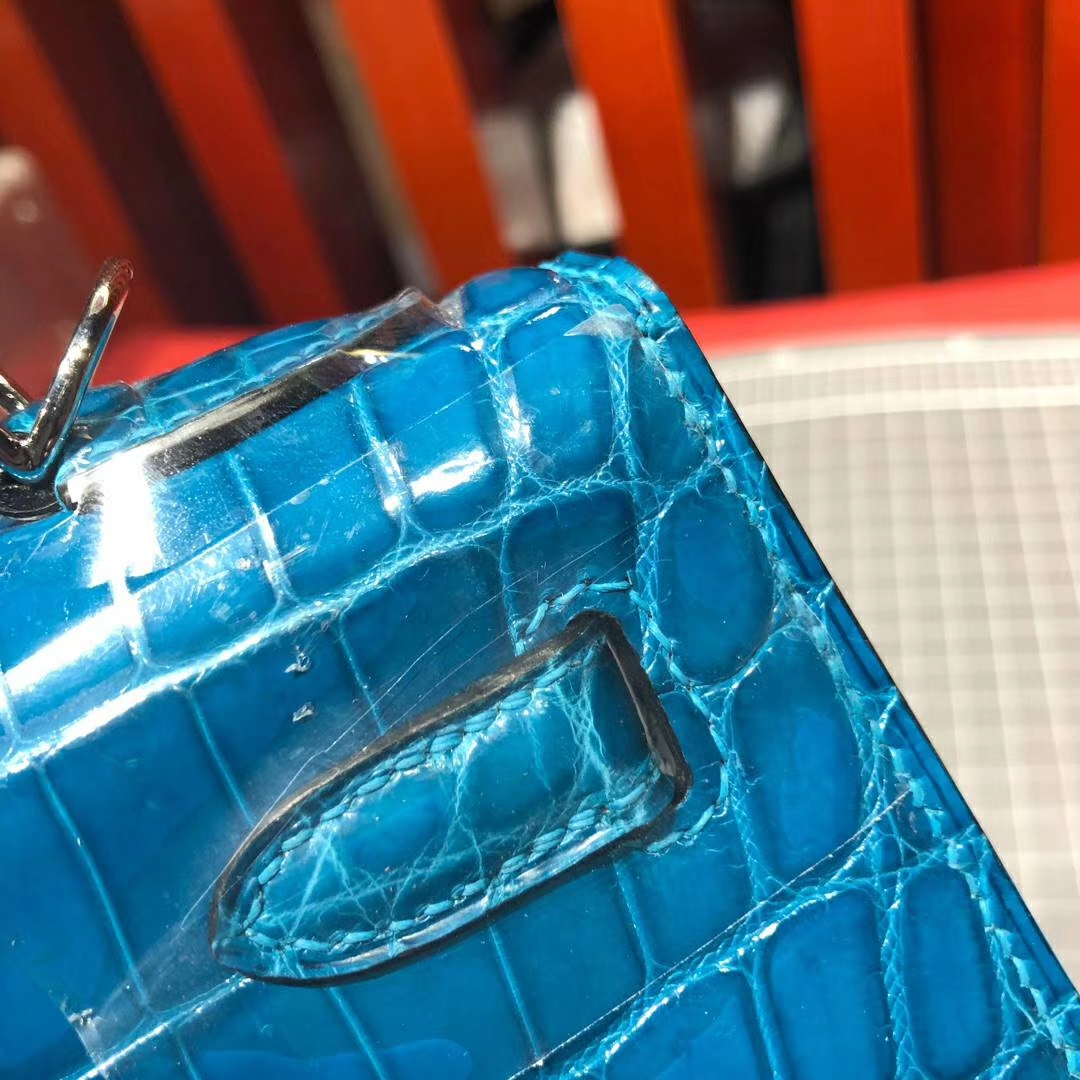 Hermes Kelly25CM 爱马仕水妖蓝法国顶级尼罗鳄鱼皮凯莉包 银扣