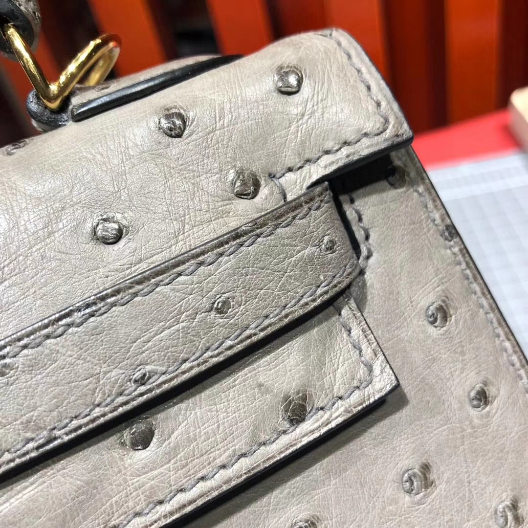 Hermes Kelly25CM 爱马仕慕斯灰顶级南非鸵鸟皮凯莉包 金扣
