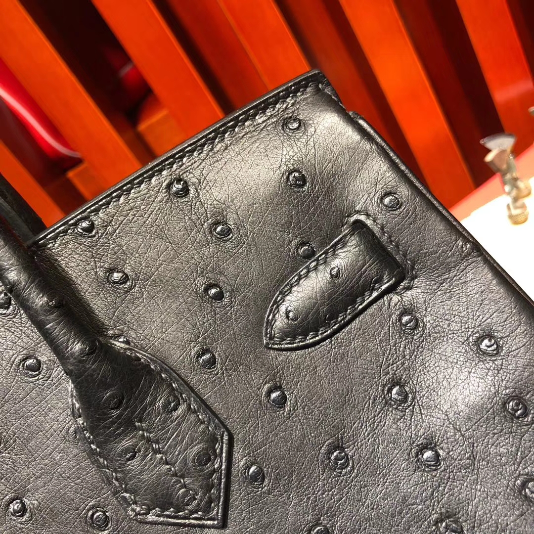Hermes包包定做 爱马仕铂金包 89黑色顶级KK鸵鸟皮Birkin女包25CM 金扣