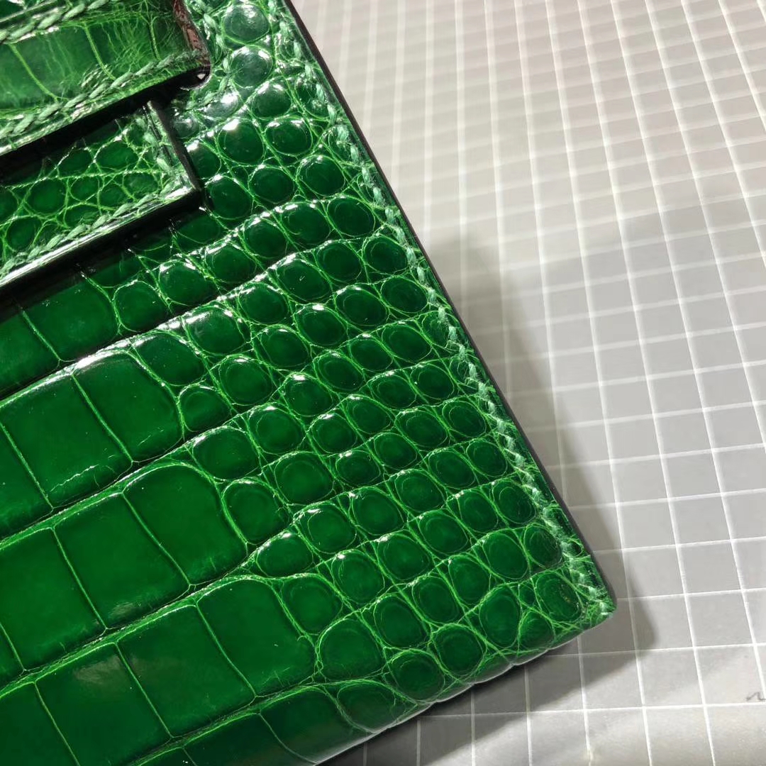 爱马仕迷你凯莉包 Hermes Minikelly22CM 祖母绿美洲鳄鱼皮手拿包 金扣