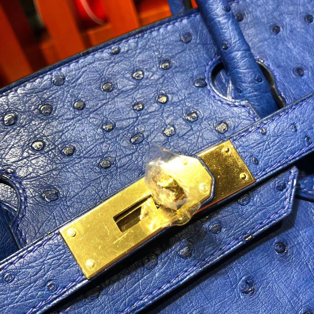 广州白云皮具城 Hermes Birkin30CM 7T电光蓝顶级KK鸵鸟皮铂金包 金扣