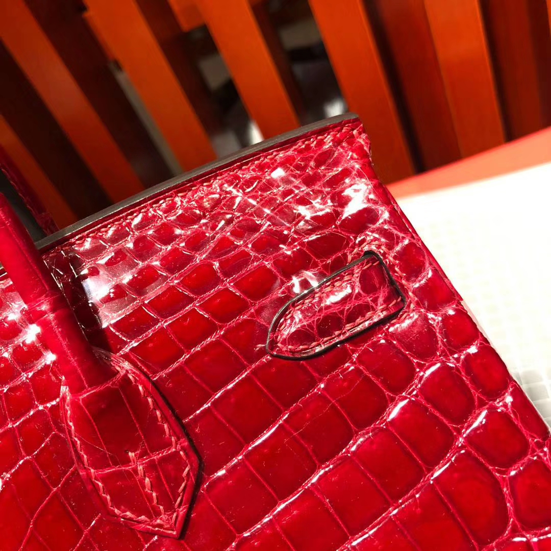 Hermes Birkin25CM 爱马仕法国亮面尼罗鳄鱼皮铂金包 法拉利红 银扣