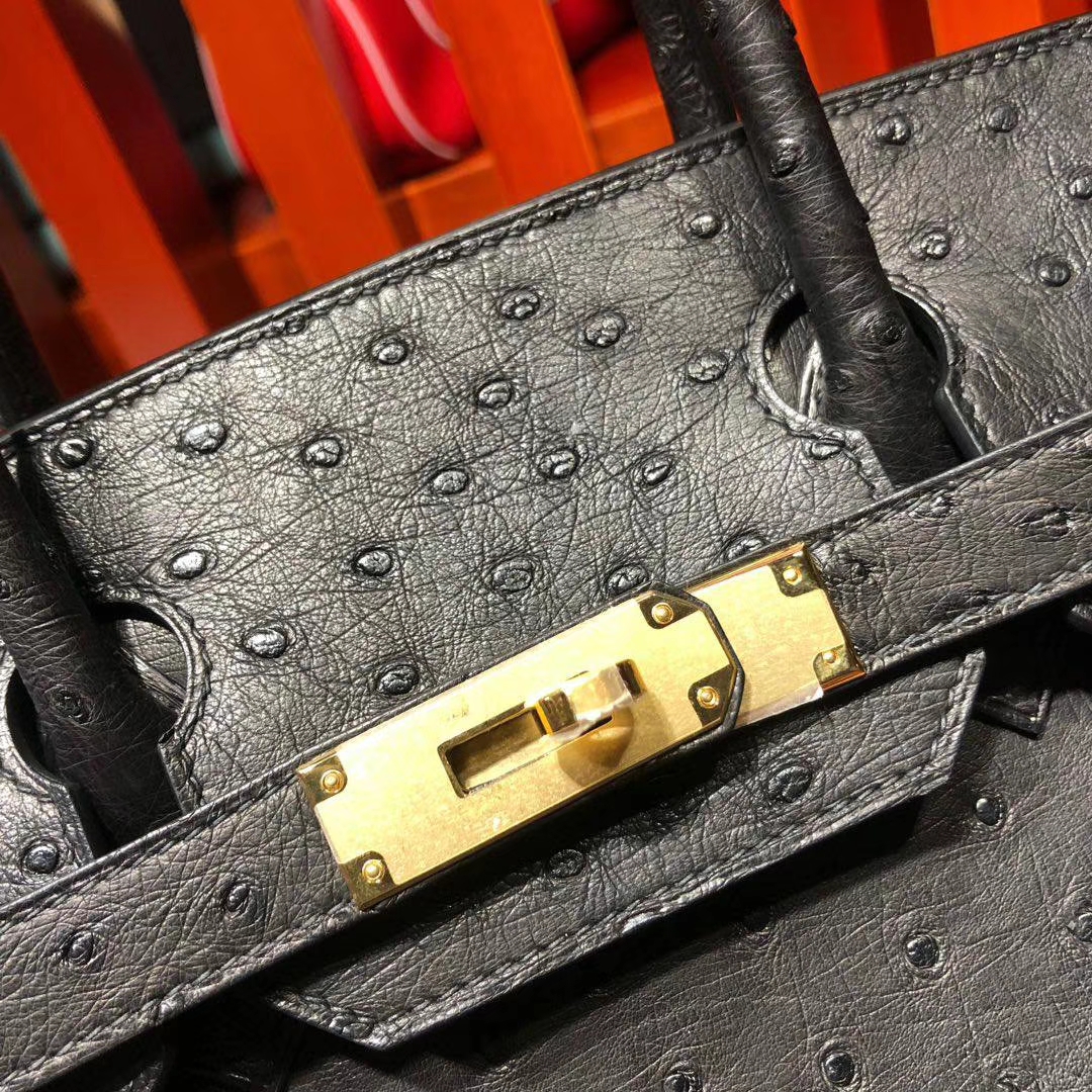 Hermes包包定做 爱马仕铂金包 89黑色顶级KK鸵鸟皮Birkin女包25CM 金扣