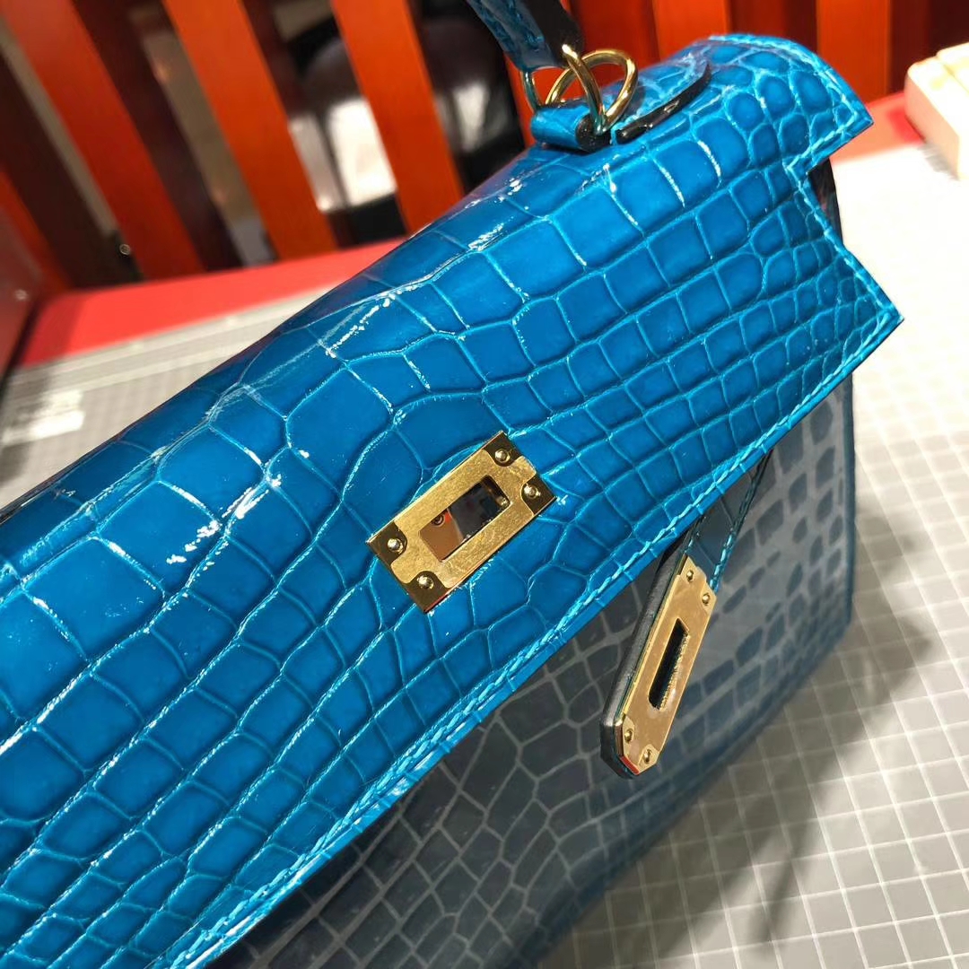 爱马仕凯莉包价格 Hermes水妖蓝法国Hcp尼罗鳄鱼皮Kelly包包25CM 金扣