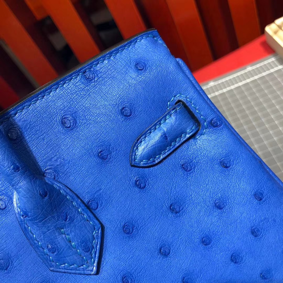 爱马仕Birkin女包 Hermes Birkin25CM 水妖蓝顶级南非鸵鸟皮铂金包 银扣