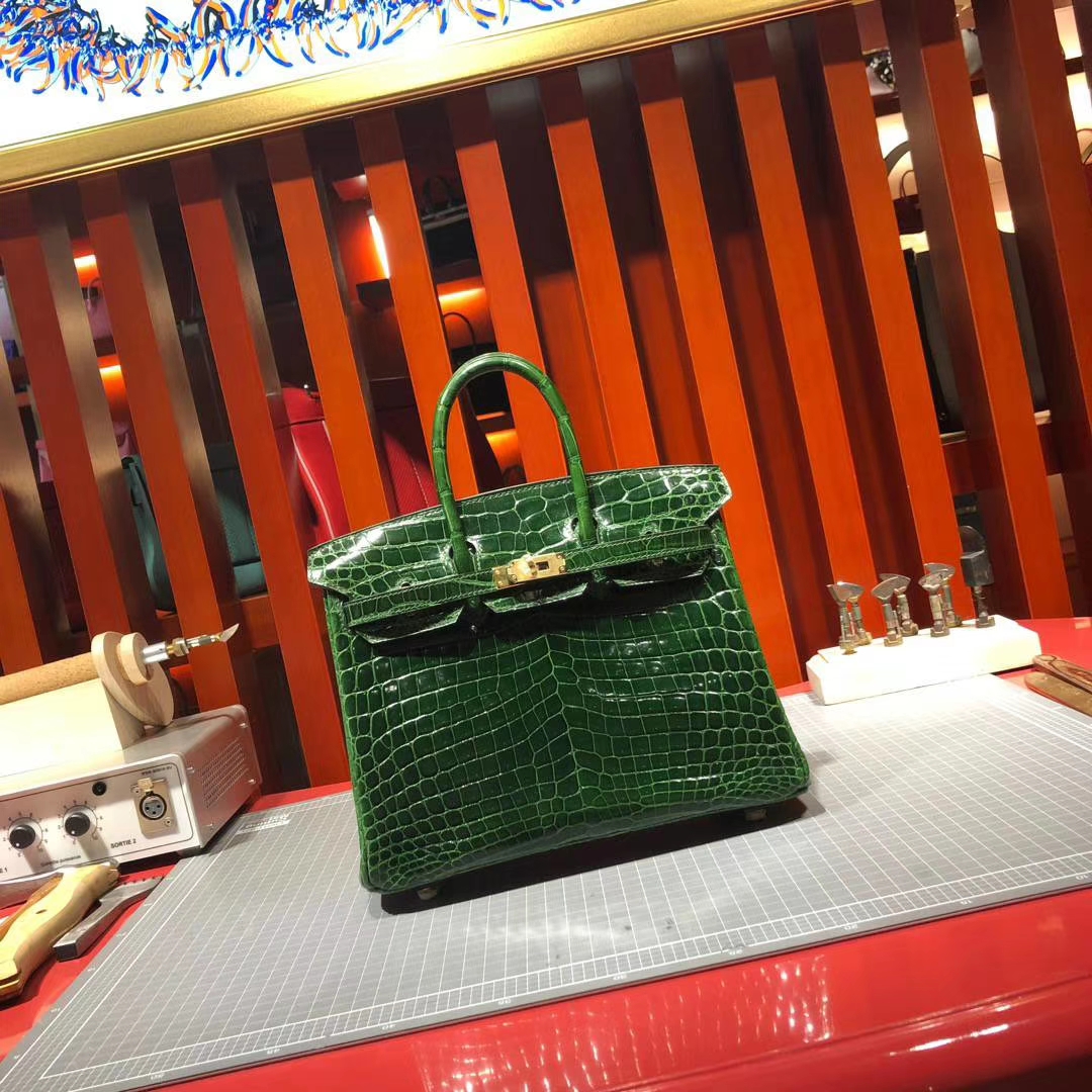 Hermes女包批发 爱马仕祖母绿法国尼罗鳄鱼皮Birkin25CM铂金包 金扣