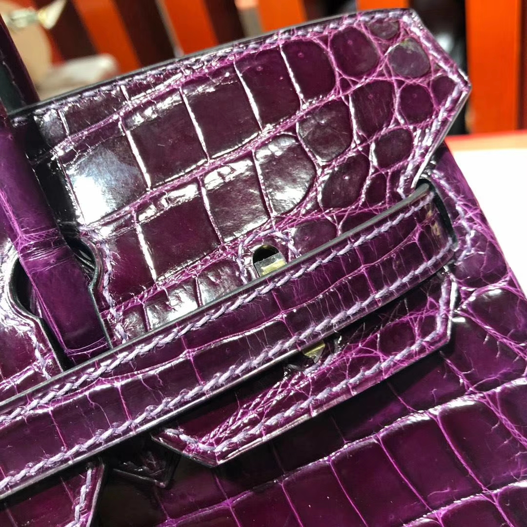 爱马仕铂金包尺寸 Hermes Birkin25CM 葡萄紫法国亮面鳄鱼皮 金扣