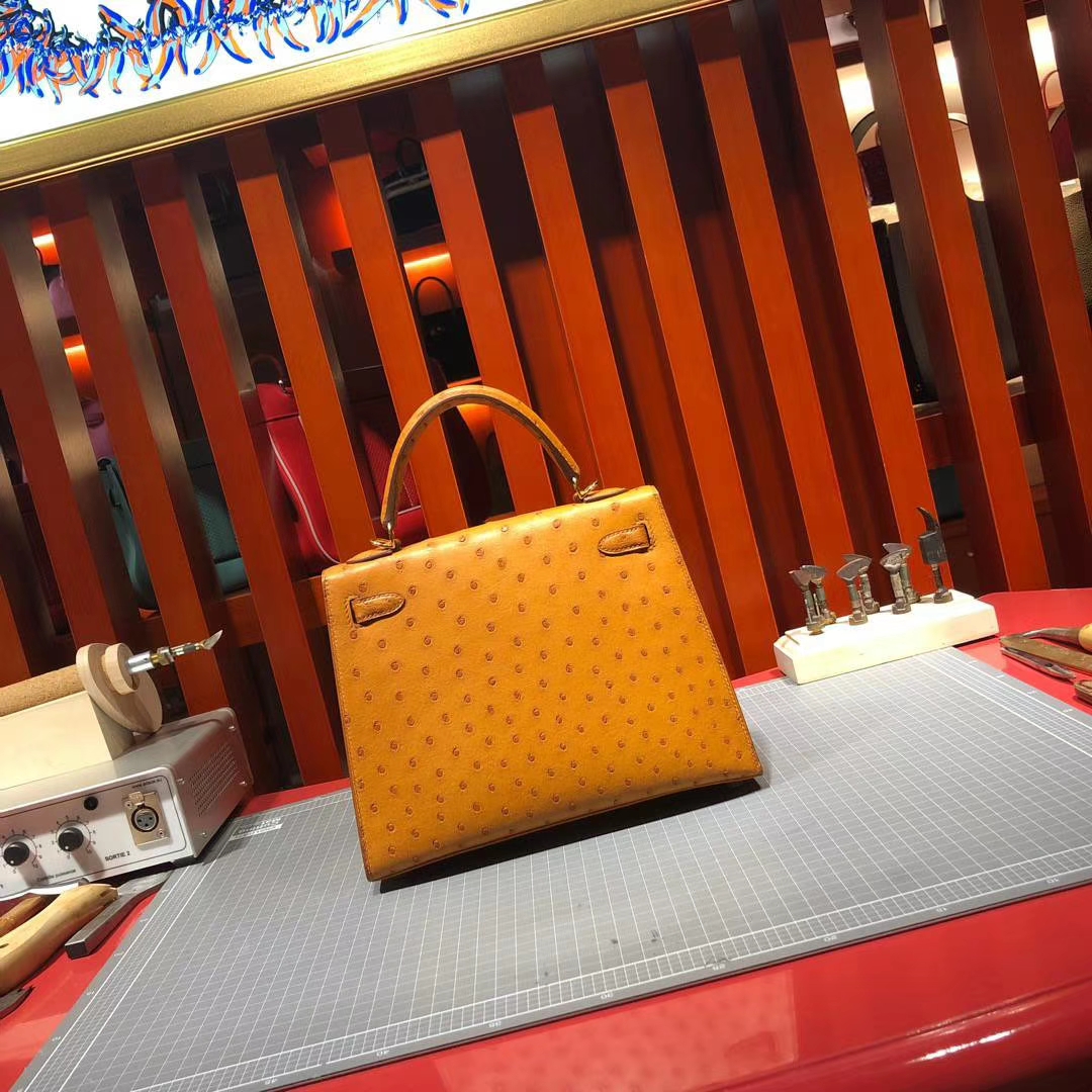 广州包包批发 Hermes爱马仕顶级南非鸵鸟皮凯莉包Kelly25CM 琥珀黄 金扣