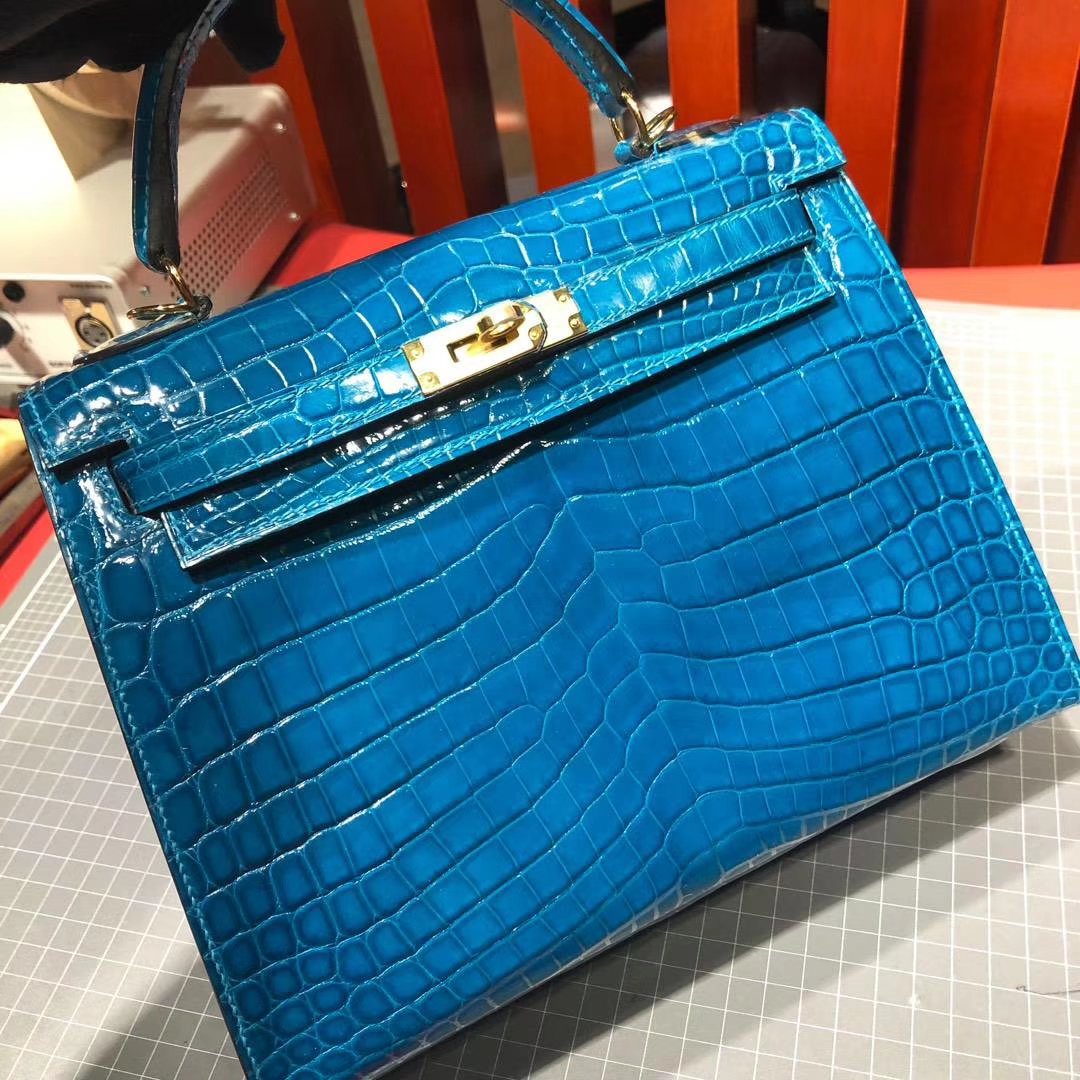 爱马仕凯莉包价格 Hermes水妖蓝法国Hcp尼罗鳄鱼皮Kelly包包25CM 金扣