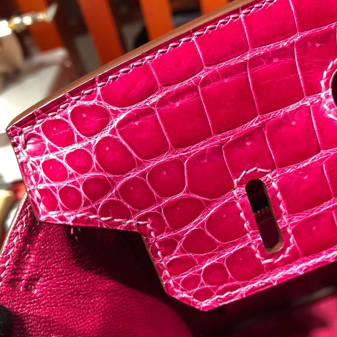 爱马仕鳄鱼皮女包 Hermes Birkin25CM 桃红紫亮面鳄鱼皮铂金包 金扣