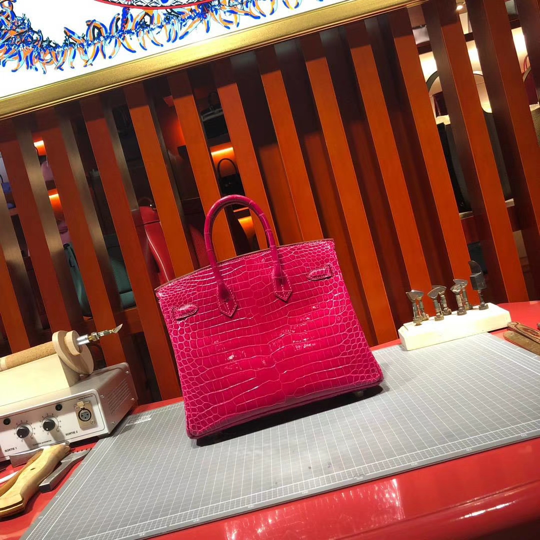 爱马仕鳄鱼皮女包 Hermes Birkin25CM 桃红紫亮面鳄鱼皮铂金包 金扣