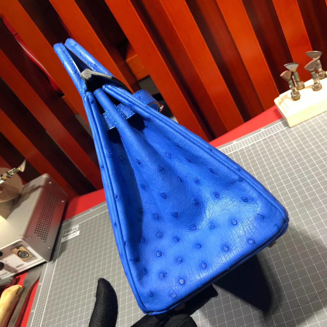 爱马仕Birkin女包 Hermes Birkin25CM 水妖蓝顶级南非鸵鸟皮铂金包 银扣