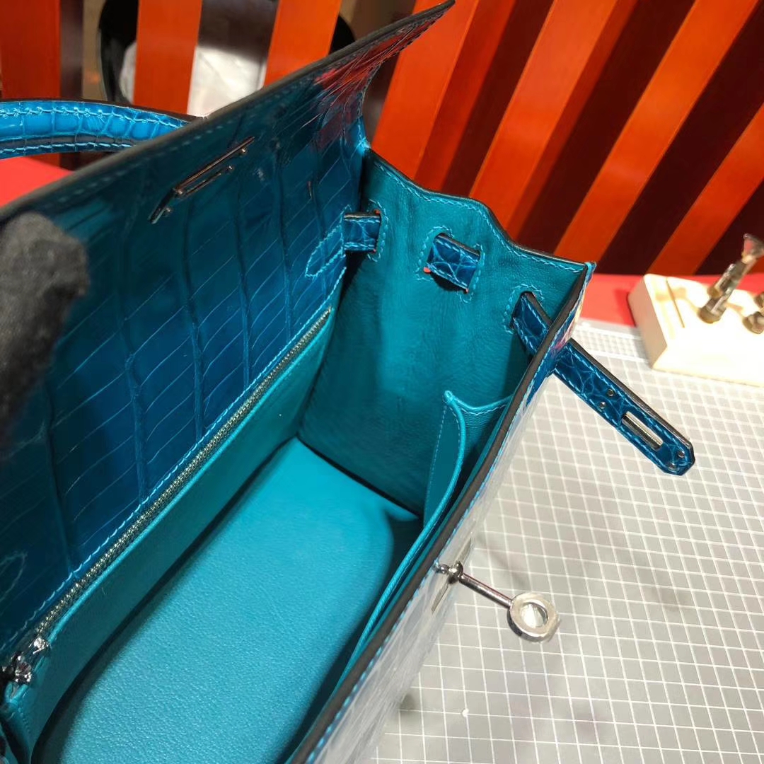 Hermes Kelly25CM 爱马仕水妖蓝法国顶级尼罗鳄鱼皮凯莉包 银扣