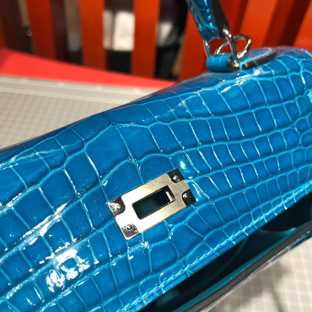 Hermes Kelly25CM 爱马仕水妖蓝法国顶级尼罗鳄鱼皮凯莉包 银扣