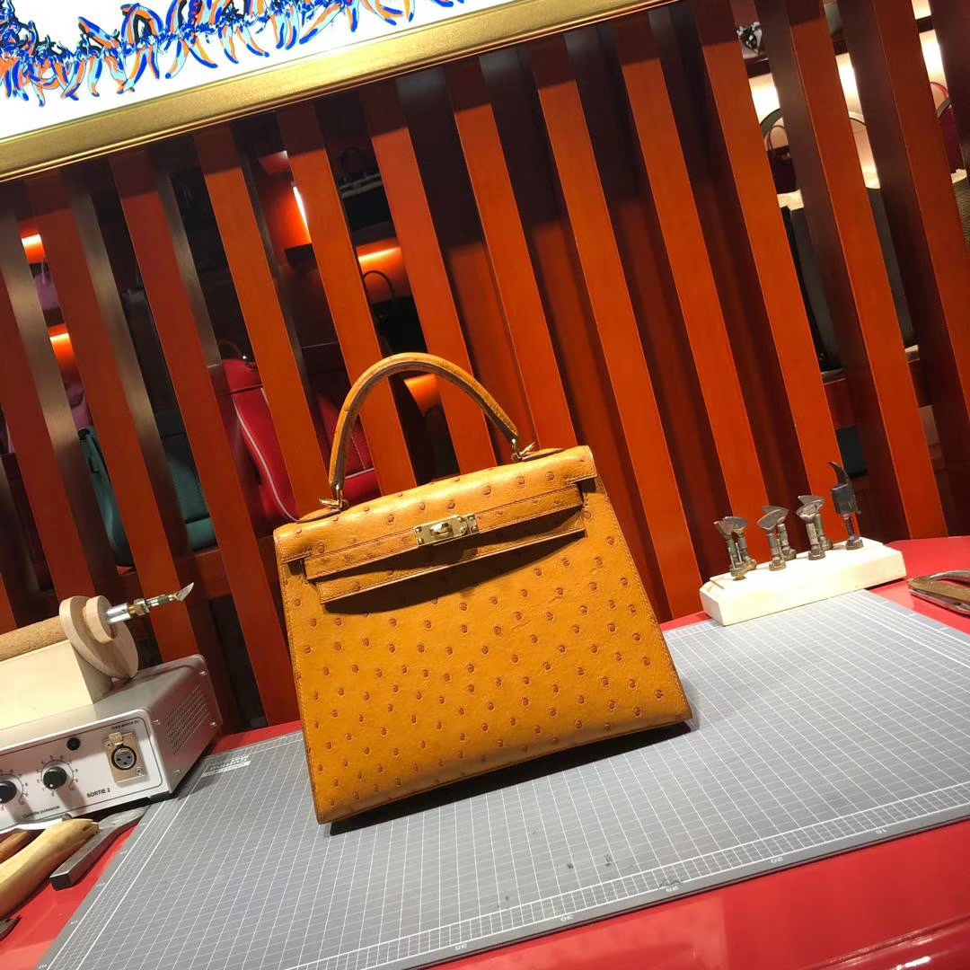 广州包包批发 Hermes爱马仕顶级南非鸵鸟皮凯莉包Kelly25CM 琥珀黄 金扣