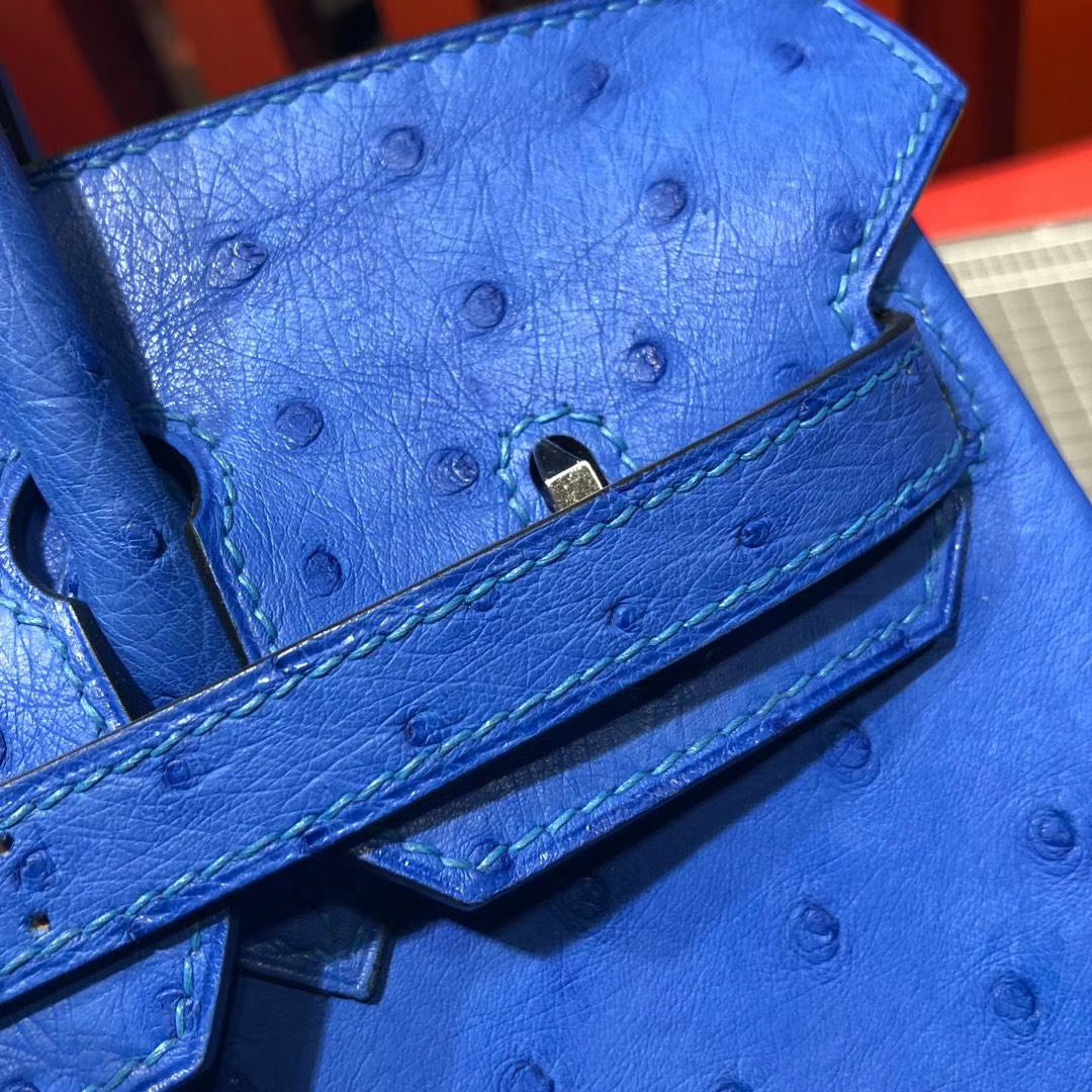 爱马仕Birkin女包 Hermes Birkin25CM 水妖蓝顶级南非鸵鸟皮铂金包 银扣