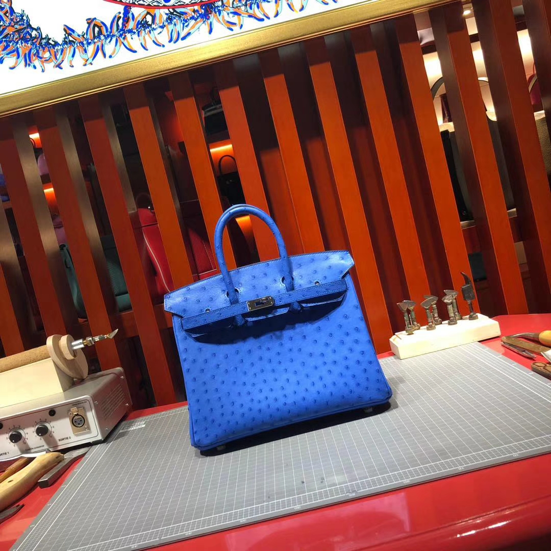 爱马仕Birkin女包 Hermes Birkin25CM 水妖蓝顶级南非鸵鸟皮铂金包 银扣