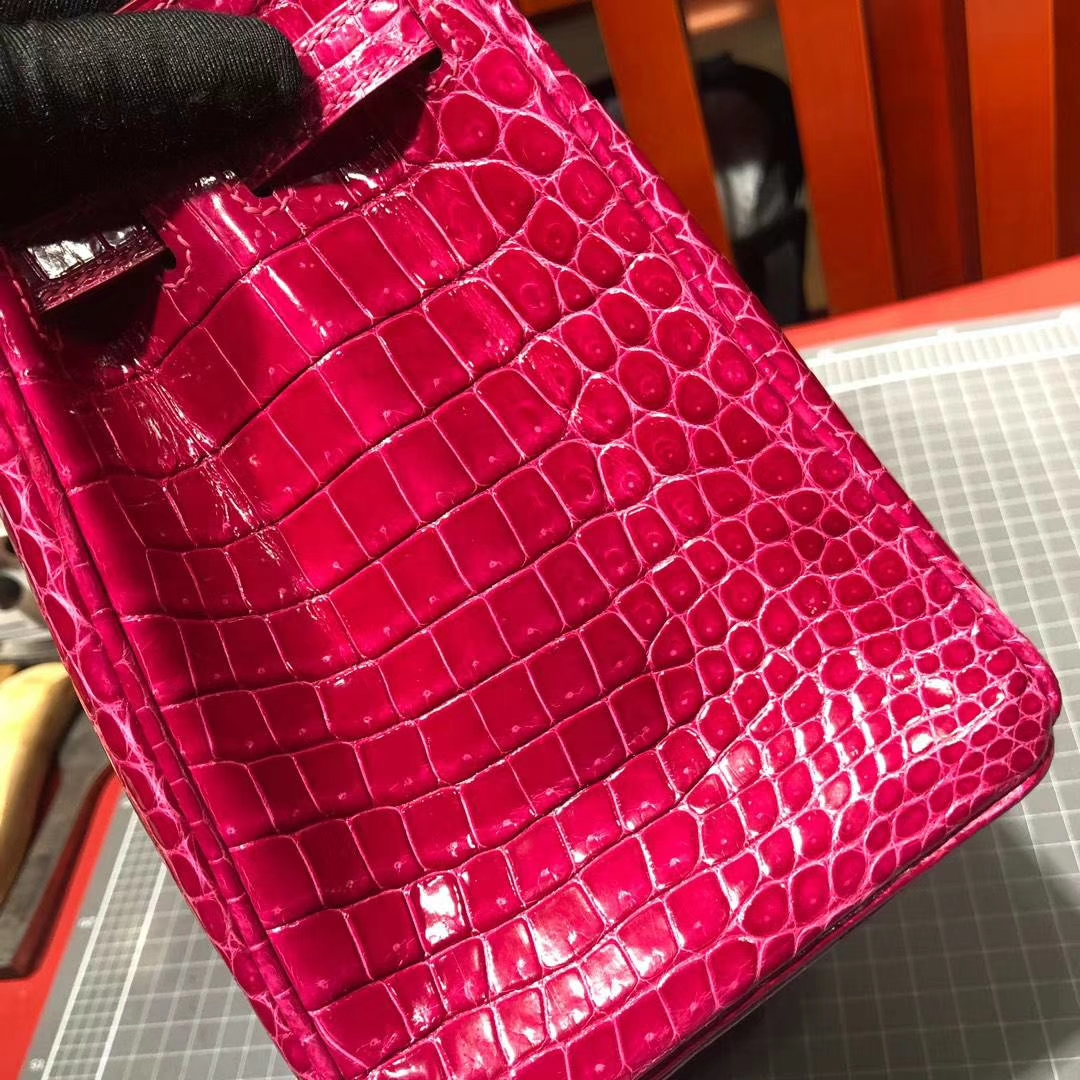 爱马仕鳄鱼皮女包 Hermes Birkin25CM 桃红紫亮面鳄鱼皮铂金包 金扣