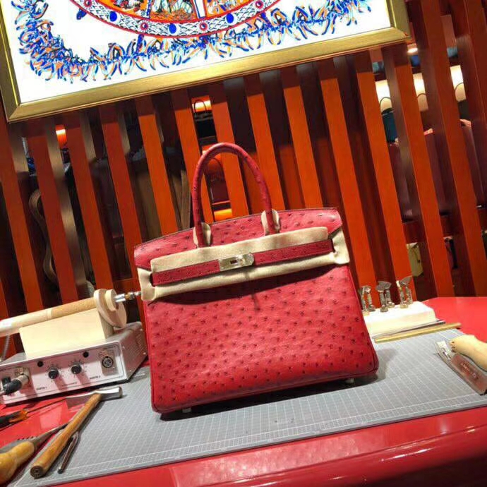 爱马仕Birkin女包 Hermes顶级KK鸵鸟皮铂金包Birkin30CM Q5中国红 金扣
