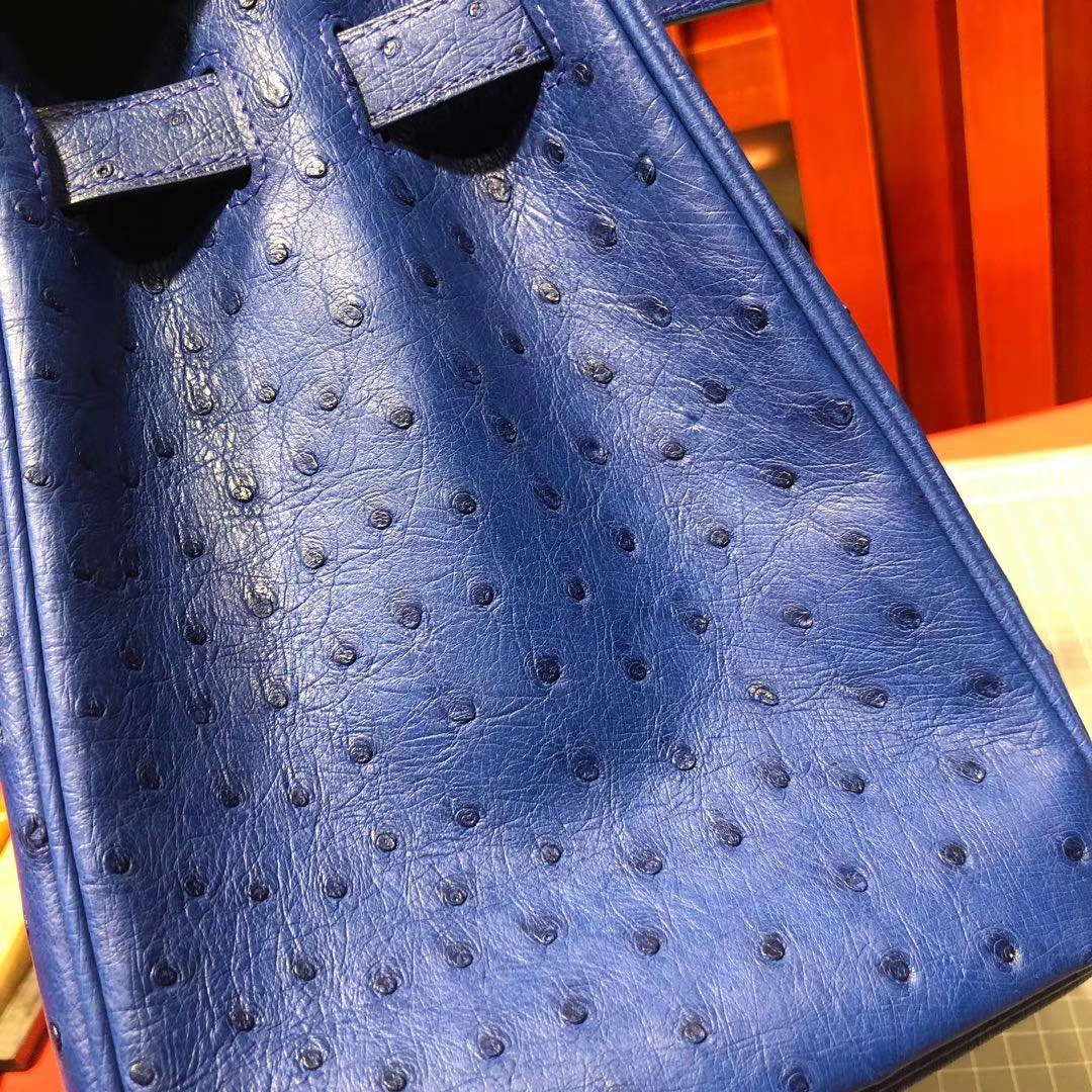 广州白云皮具城 Hermes Birkin30CM 7T电光蓝顶级KK鸵鸟皮铂金包 金扣