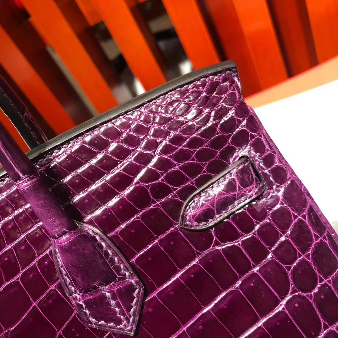 爱马仕铂金包尺寸 Hermes Birkin25CM 葡萄紫法国亮面鳄鱼皮 金扣
