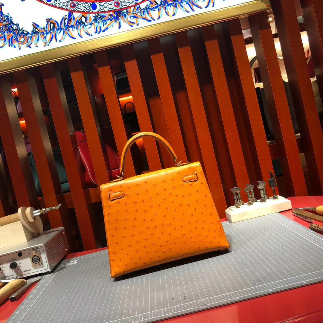 爱马仕凯莉包价格 Hermes Kelly25CM 亮黄色进口南非鸵鸟皮手提女包 金扣