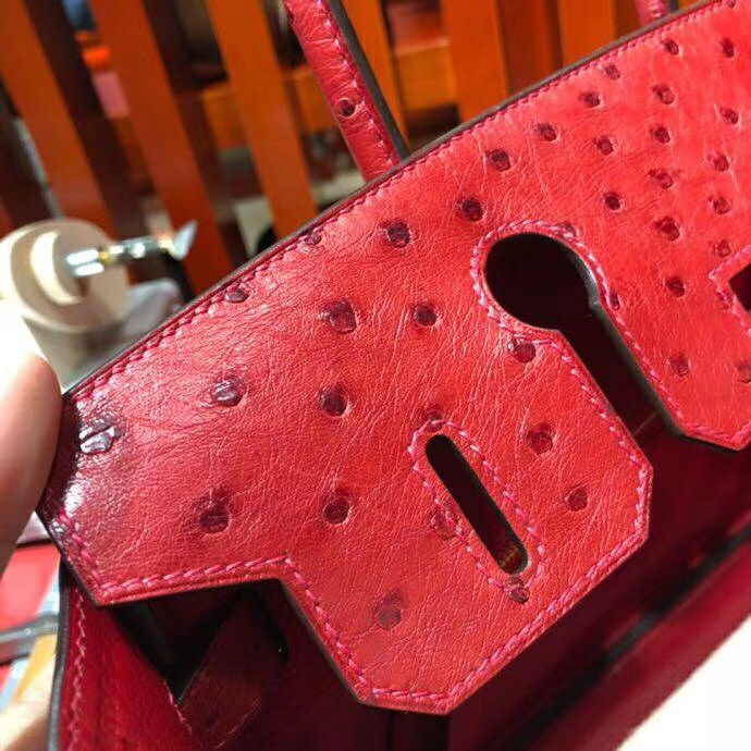 爱马仕Birkin女包 Hermes顶级KK鸵鸟皮铂金包Birkin30CM Q5中国红 金扣