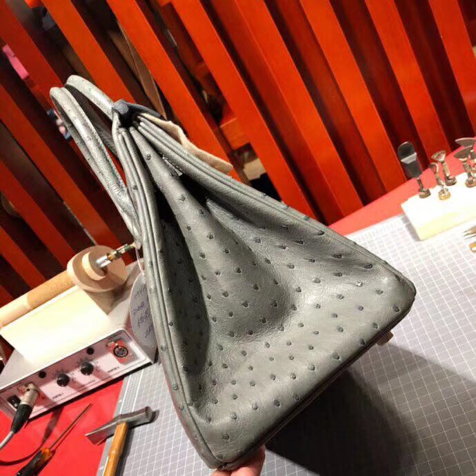 爱马仕新款铂金包 Hermes Birkin30CM 8F锡器灰南非顶级鸵鸟皮 金扣