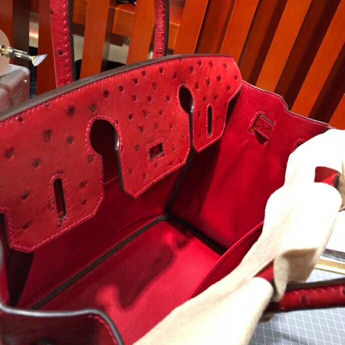 爱马仕Birkin女包 Hermes顶级KK鸵鸟皮铂金包Birkin30CM Q5中国红 金扣