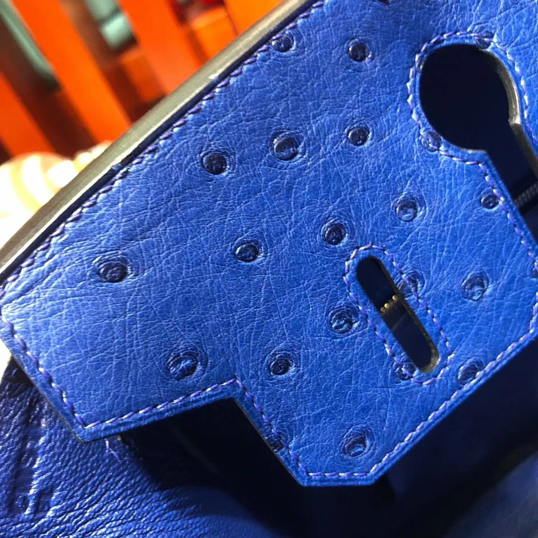 广州白云皮具城 Hermes Birkin30CM 7T电光蓝顶级KK鸵鸟皮铂金包 金扣