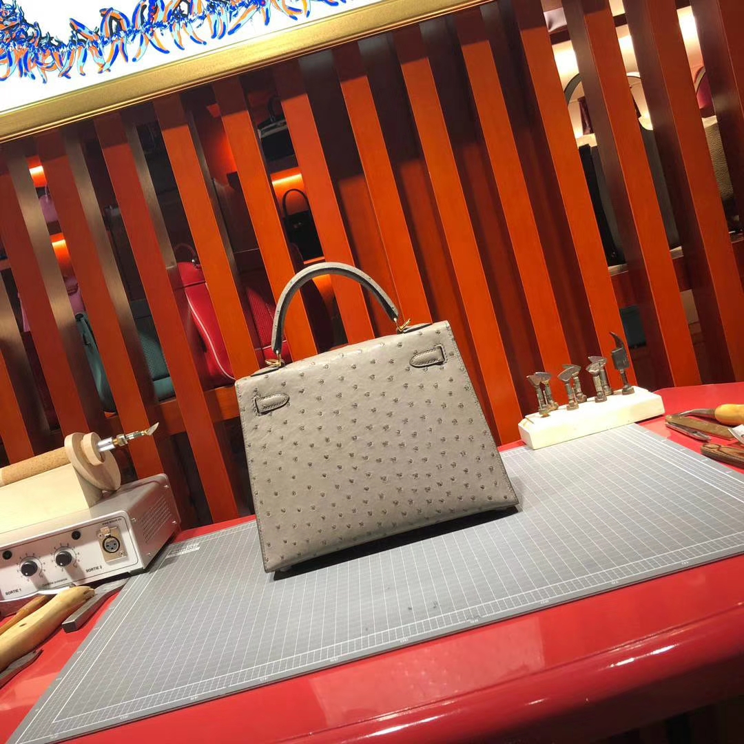 Hermes Kelly25CM 爱马仕慕斯灰顶级南非鸵鸟皮凯莉包 金扣