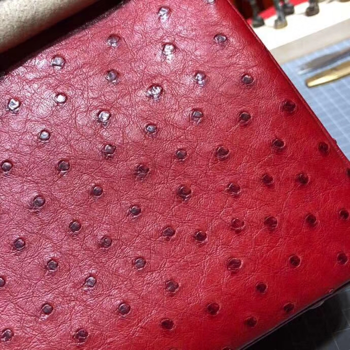 爱马仕Birkin女包 Hermes顶级KK鸵鸟皮铂金包Birkin30CM Q5中国红 金扣