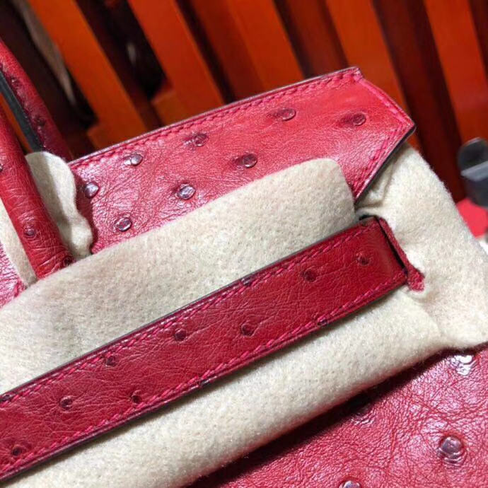 爱马仕Birkin女包 Hermes顶级KK鸵鸟皮铂金包Birkin30CM Q5中国红 金扣