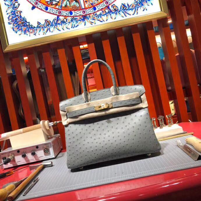 Hermes Birkin30CM 爱马仕慕斯灰顶级KK鸵鸟皮铂金包 金扣