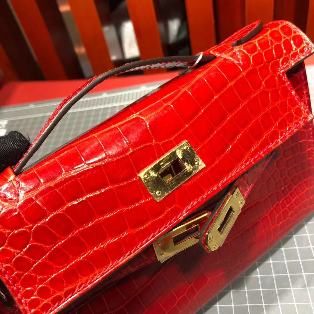 爱马仕鳄鱼皮手包 Hermes Minikelly22CM 法拉利红美洲鳄鱼皮迷你凯莉包 金扣