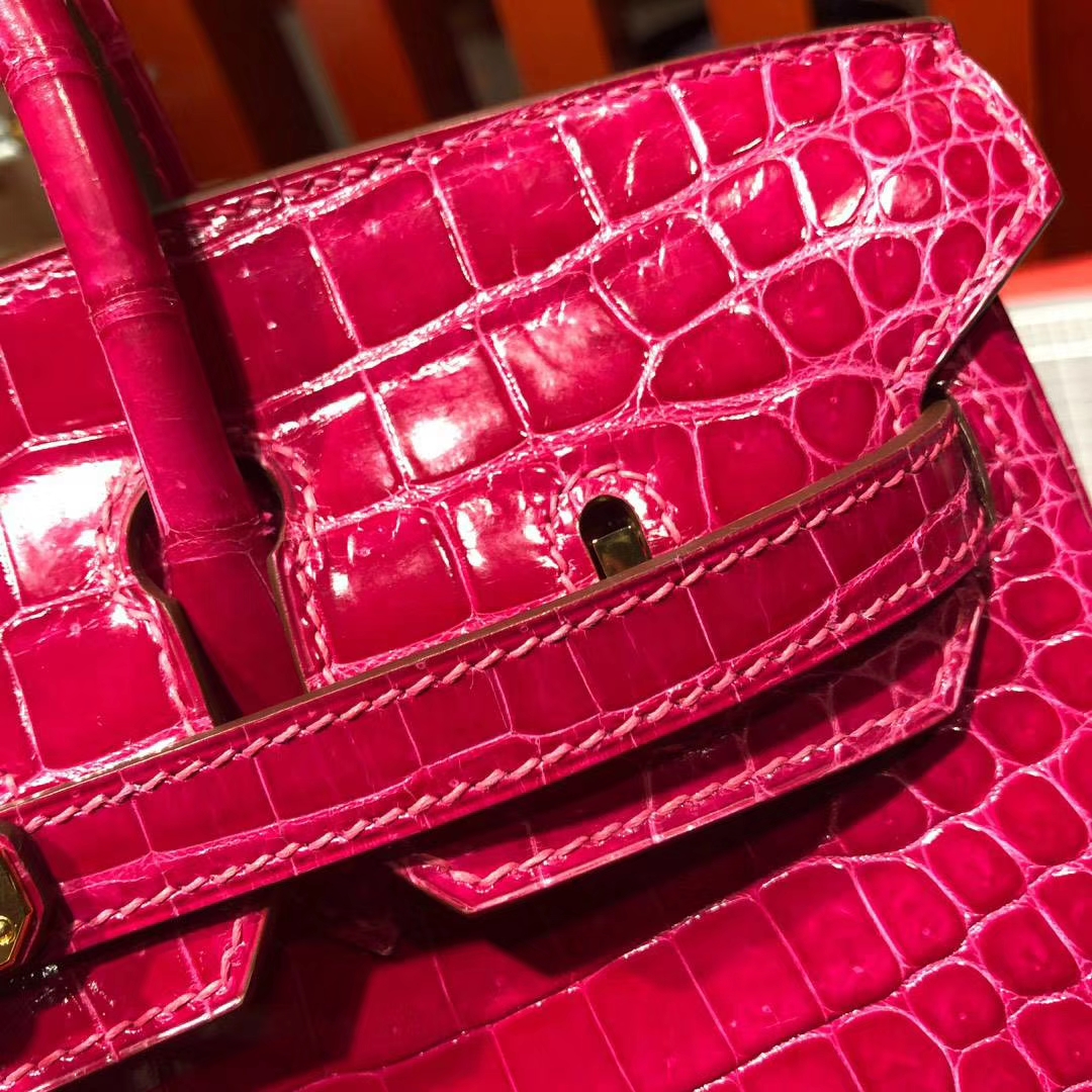 爱马仕鳄鱼皮女包 Hermes Birkin25CM 桃红紫亮面鳄鱼皮铂金包 金扣